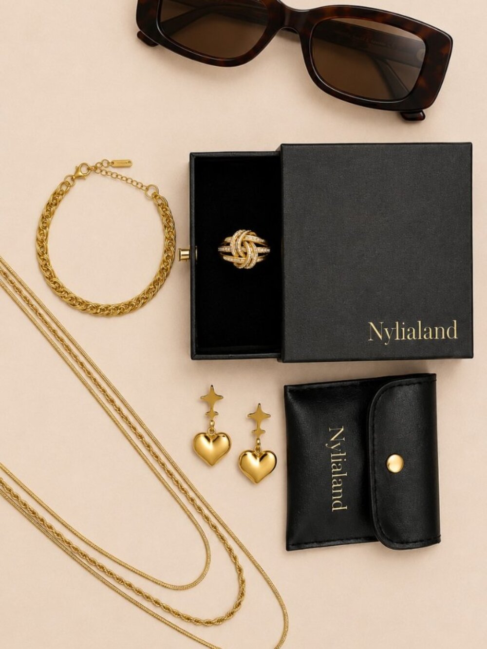 Nylialand Gold Jewelry Set & Tortoise Rectangle Sunglasses Bundle